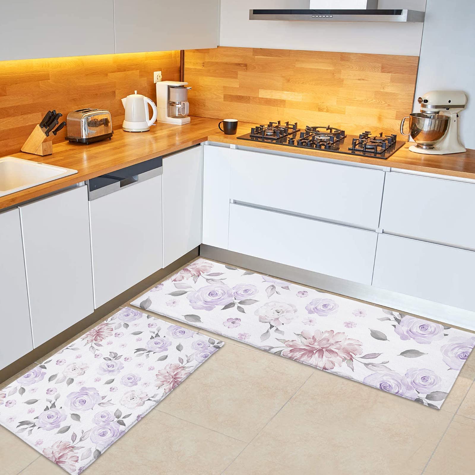 Our Dreams 2-Piece Plush Microfiber Kitchen Rug Set - Non-Slip Watercolor Floral Bath Runner & Floor Mat in Lavender Rustic Style | Perfect for Farmhouse Kitchens, Entryways & Bathrooms