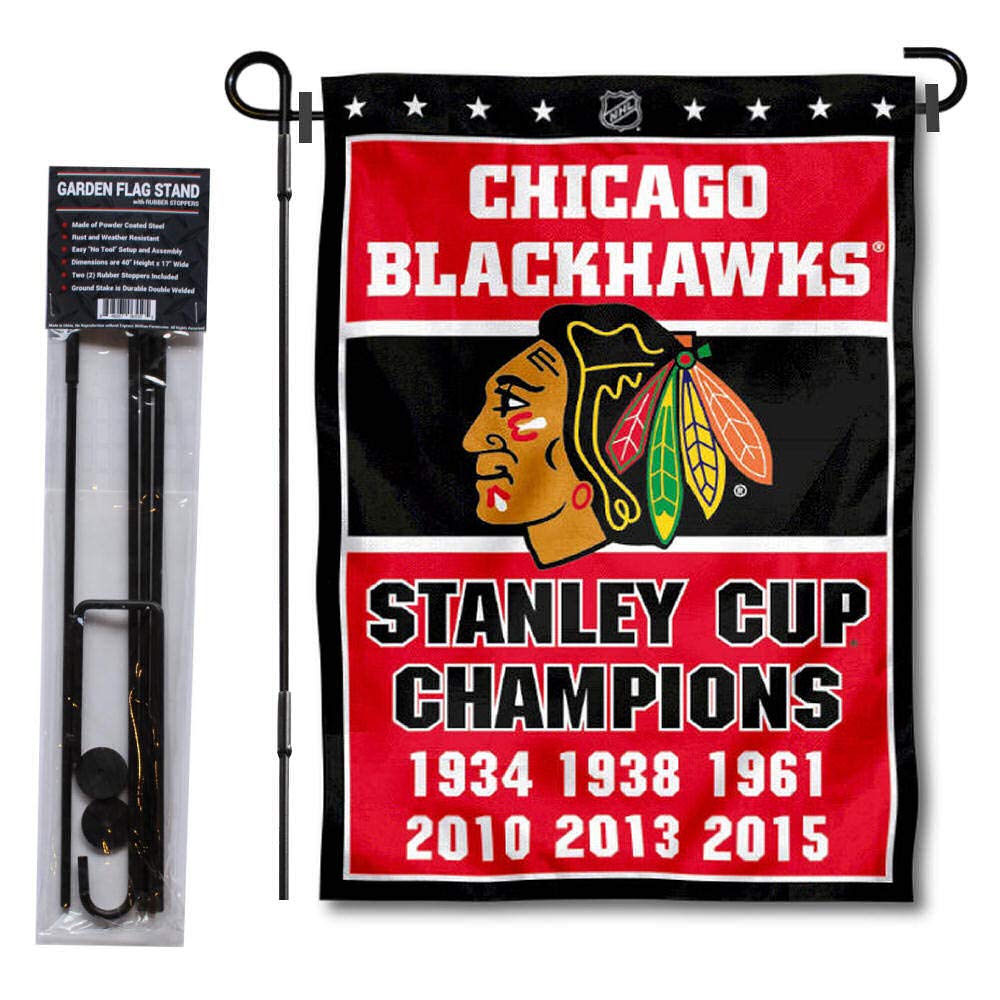 WinCraft Chicago Blackhawks 6-Time Champions Garden Flag with Pole Stand - Perfect for Sports Fan Yard Decor & Team Spirit Display