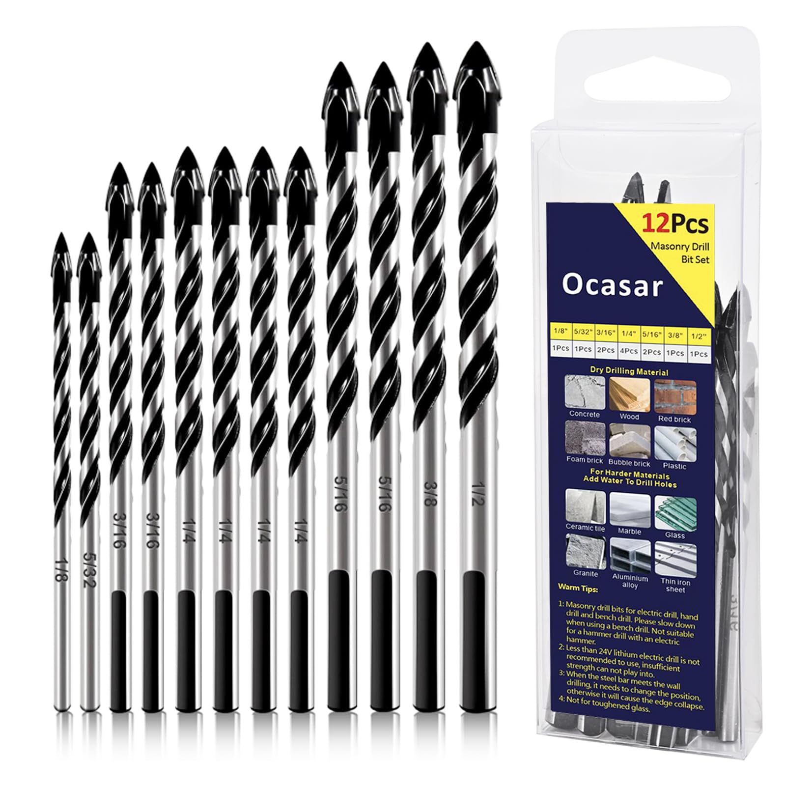 12Pcs Professional Masonry Drill Bit Set - 1/8