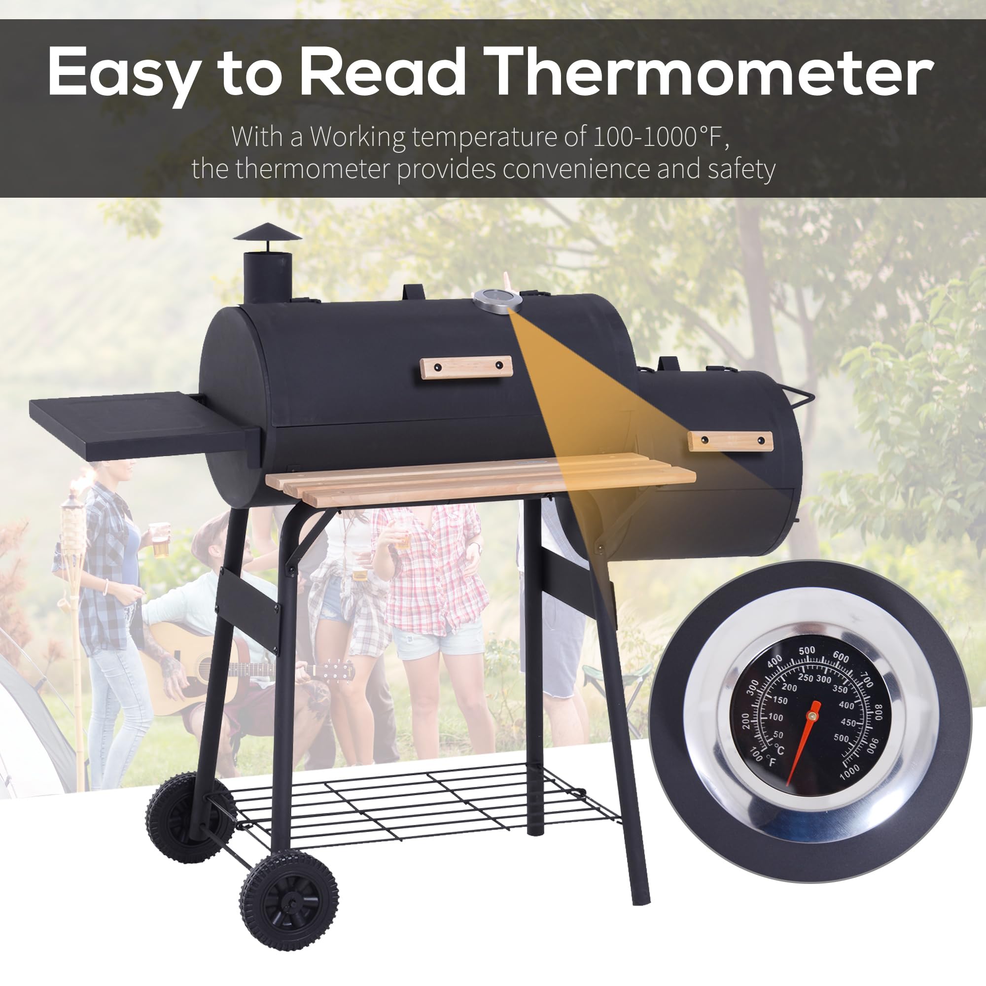 Outsunny 48 Inch Portable Charcoal BBQ Grill with Wheels - 232 Sq In Steel Outdoor Smoker Grill with Storage Shelf - Ideal for Backyard, Camping, Picnic & Tailgating - Black