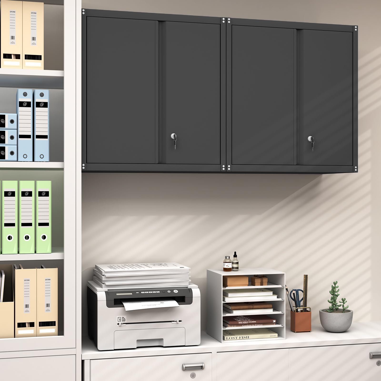 GREATMEET Black Metal Wall Mounted Storage Cabinet with Lock & Adjustable Shelf - Heavy Duty Garage Utility Cabinet for Tools, Workshop Organization & Home Storage