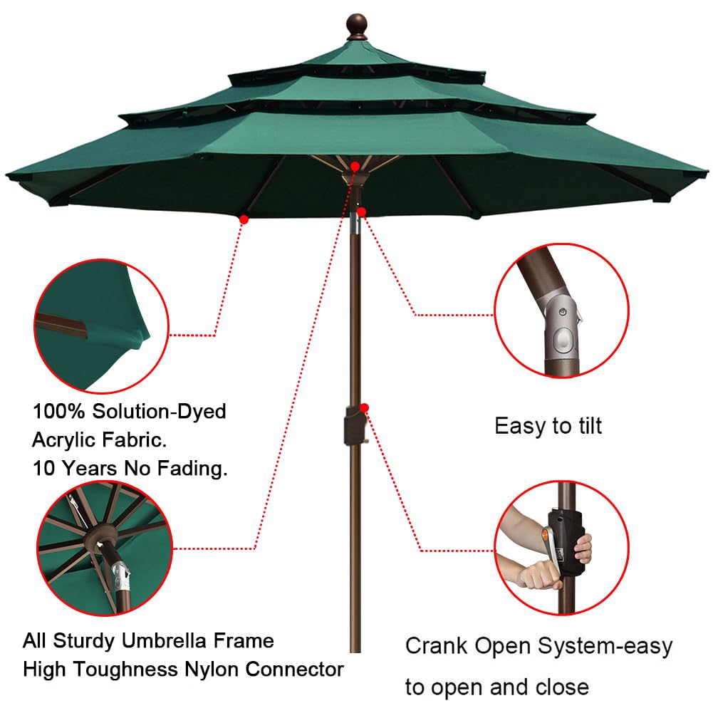 EliteShade USA 10-Year Fade-Resistant 9Ft 3-Tier Patio Umbrella with Ventilation - Outdoor Market Umbrella for Table, Garden, Deck, and Poolside - Durable Forest Green Sun Shade for Restaurants, Cafes, and Backyards