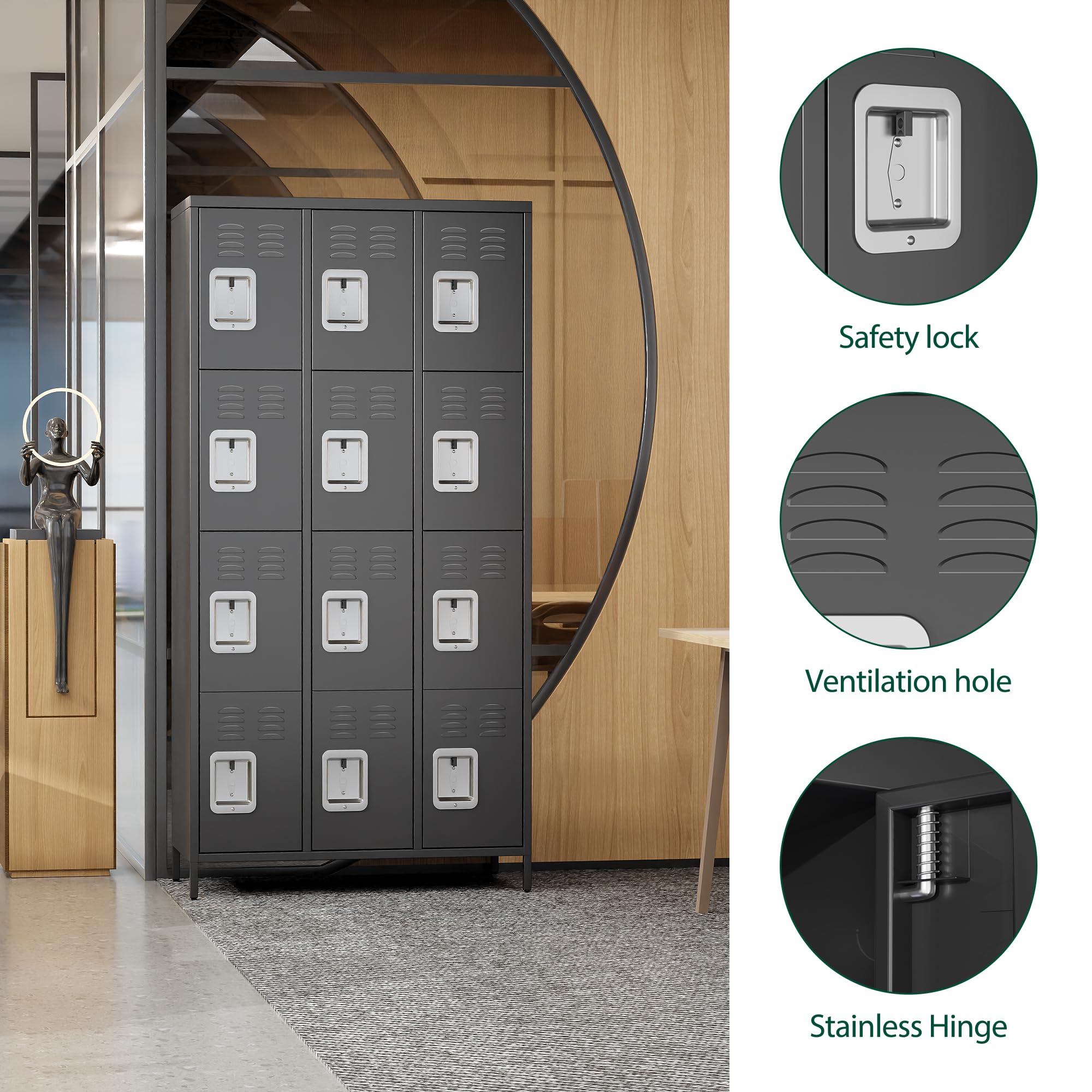 12-Door Metal Locker Organizer - Heavy Duty Storage Cabinet for School, Gym, Office, Home & Garage - Employee & Student Lockers - Easy Assembly Black Locker - Perfect for Sports Equipment, Work Supplies & Personal Belongings Storage
