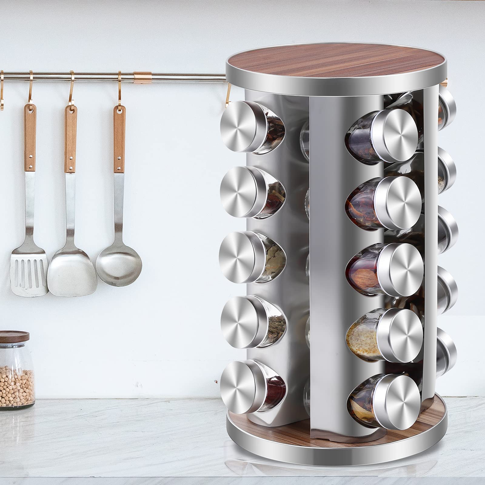 WAYDA Rotating Spice Rack Organizer - 20 Jar Revolving Seasoning Storage for Kitchen Cabinet | Stainless Steel Spice Tower with Reusable Labels & Funnel | Perfect for Countertop Organization & Easy Spice Access