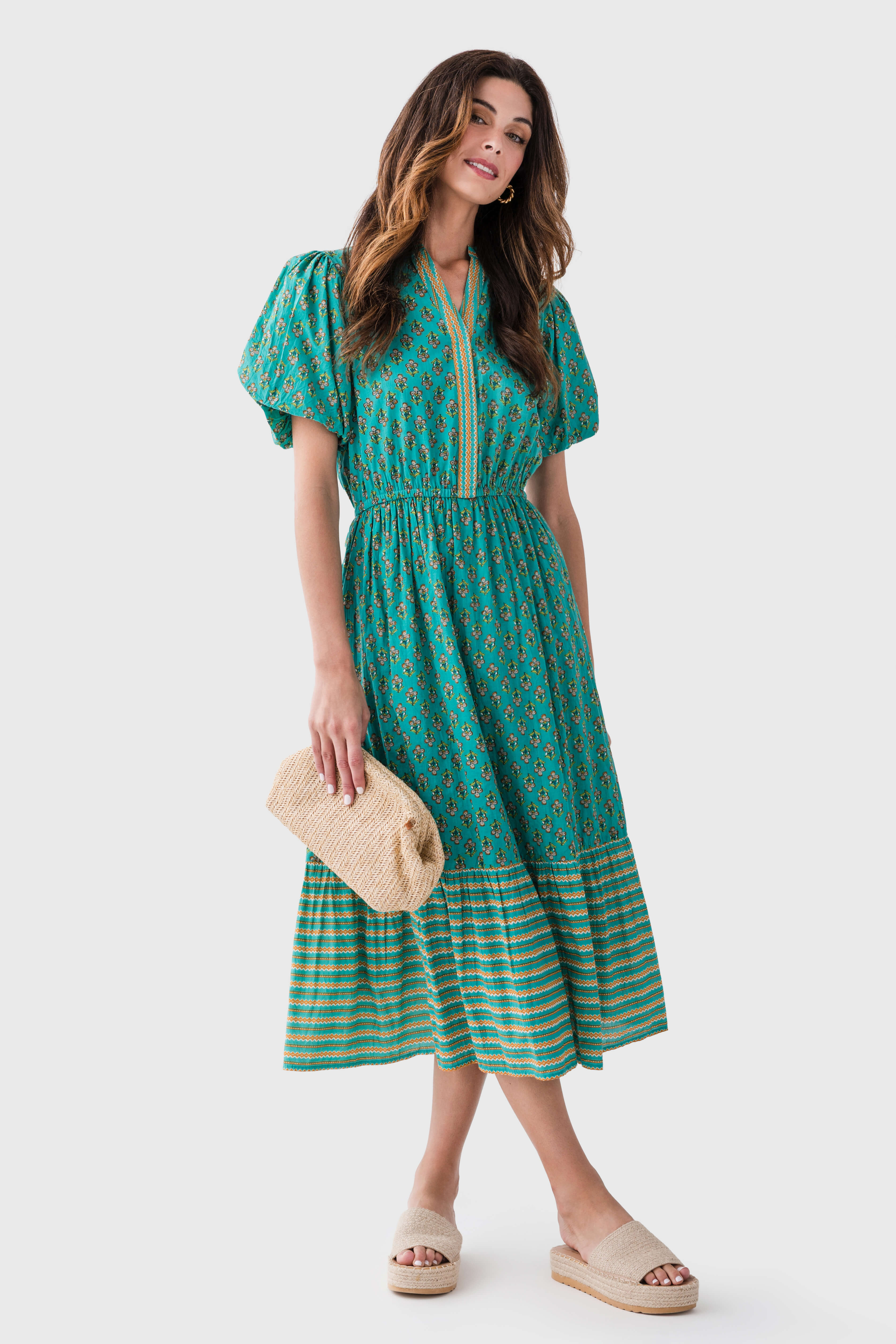 THML Block Print Split Neck Maxi Dress - Flowy Bohemian Summer Dress for Women | Perfect for Beach Vacations, Music Festivals & Casual Outings