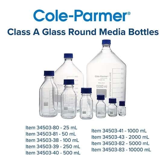 Cole-Parmer Glass Media Bottles, Class A, Round, 100 mL (3.4 oz) - Pack of 10 | Laboratory-Grade Glassware for Chemical Storage & Sample Collection | Ideal for Scientific Research, Medical Labs & Industrial Use