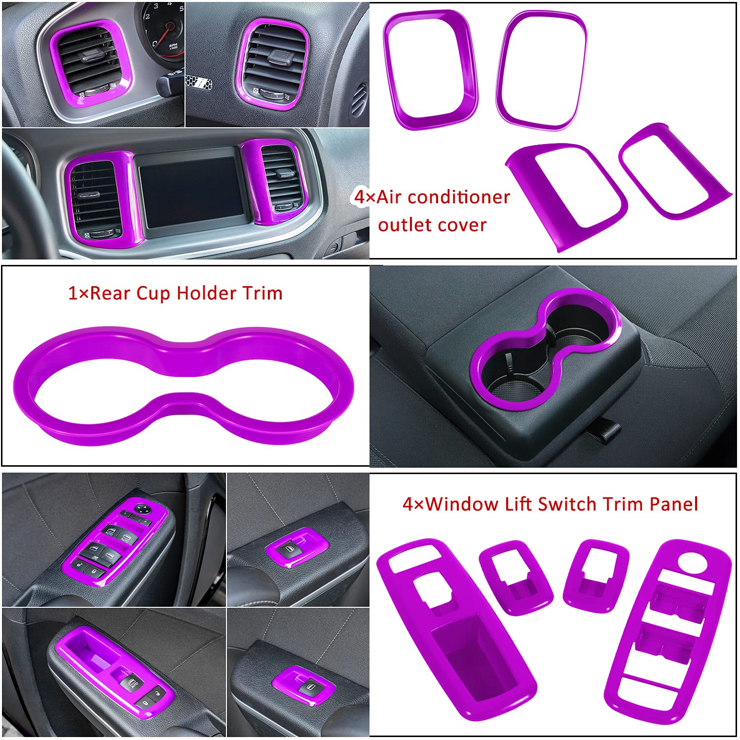 20PCS Full Set Interior Accessories Trim Kit for Dodge Charger 2015-2024 | Headlight, Window, Gear Shift & AC Vent Covers | Custom Car Interior Upgrade | Perfect for Car Enthusiasts & DIY Modifications (Purple)