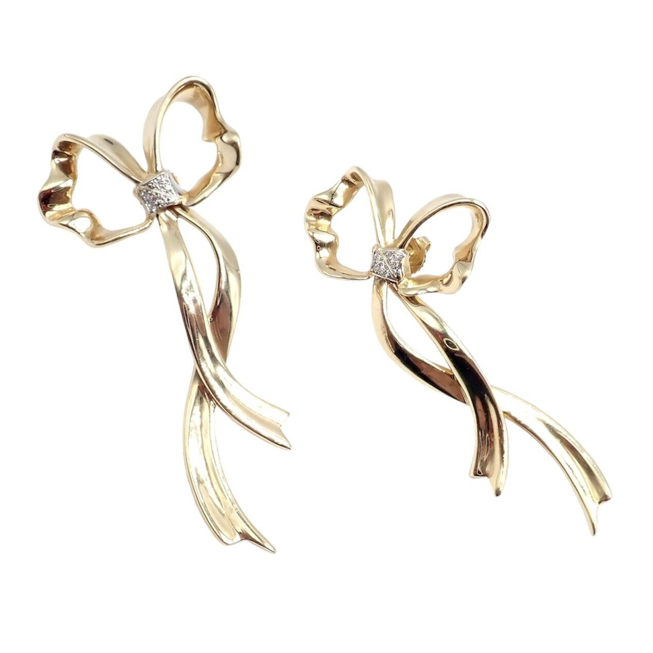 Authentic Tiffany & Co 18k Yellow Gold Diamond Large Ribbon Bow Earrings - Vintage 1985 Collection | Luxury Jewelry Gift for Women | Perfect for Weddings, Anniversaries & Special Occasions
