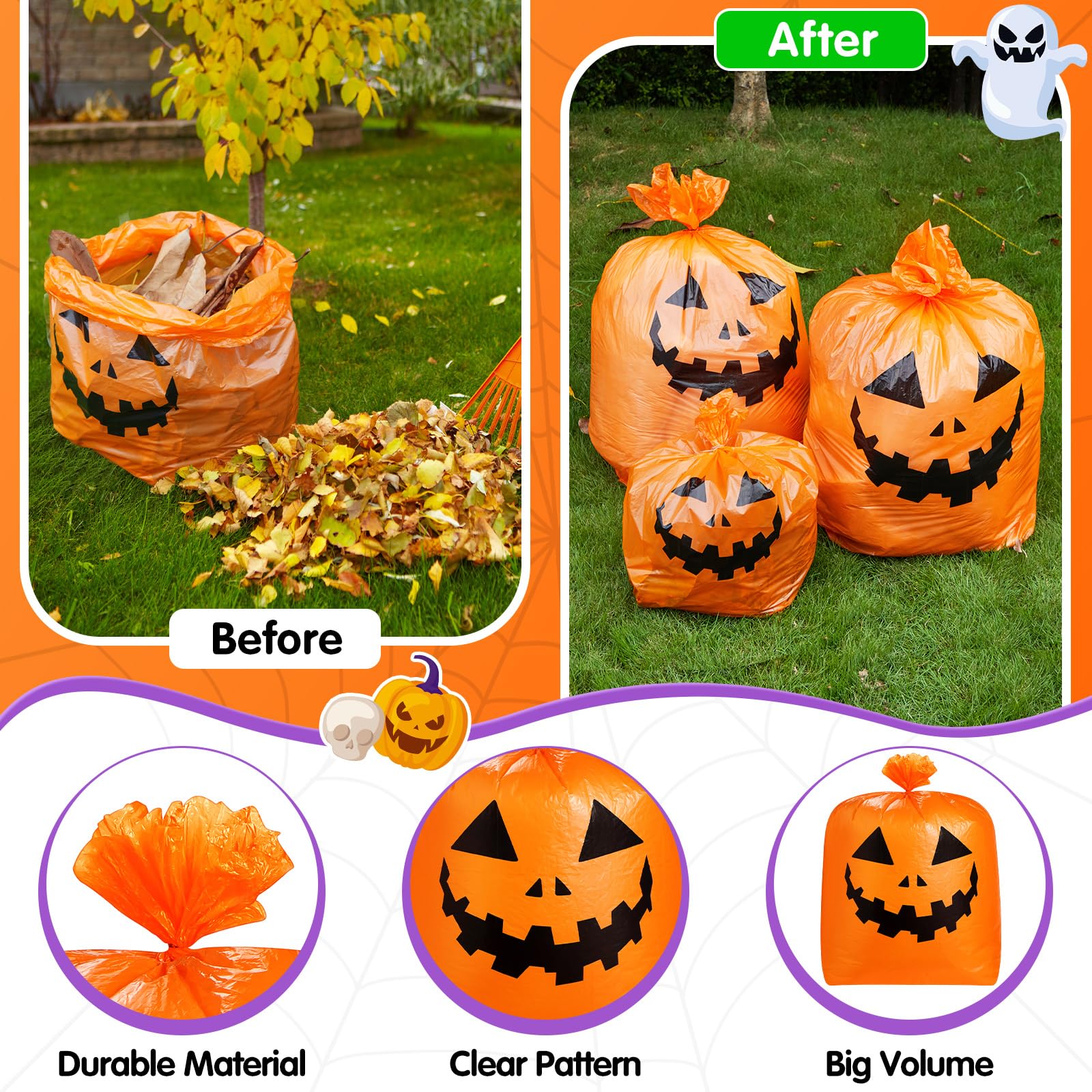 Qilery 18-Pack Reusable Halloween Pumpkin Leaf Bags - Heavy Duty Plastic Lawn Bags with Twist Ties for Fall Yard Waste, Halloween Decorations & Outdoor Party Favors | Perfect for Pumpkin Patches, Trick-or-Treat Goodie Bags & Autumn Garden Cleanup