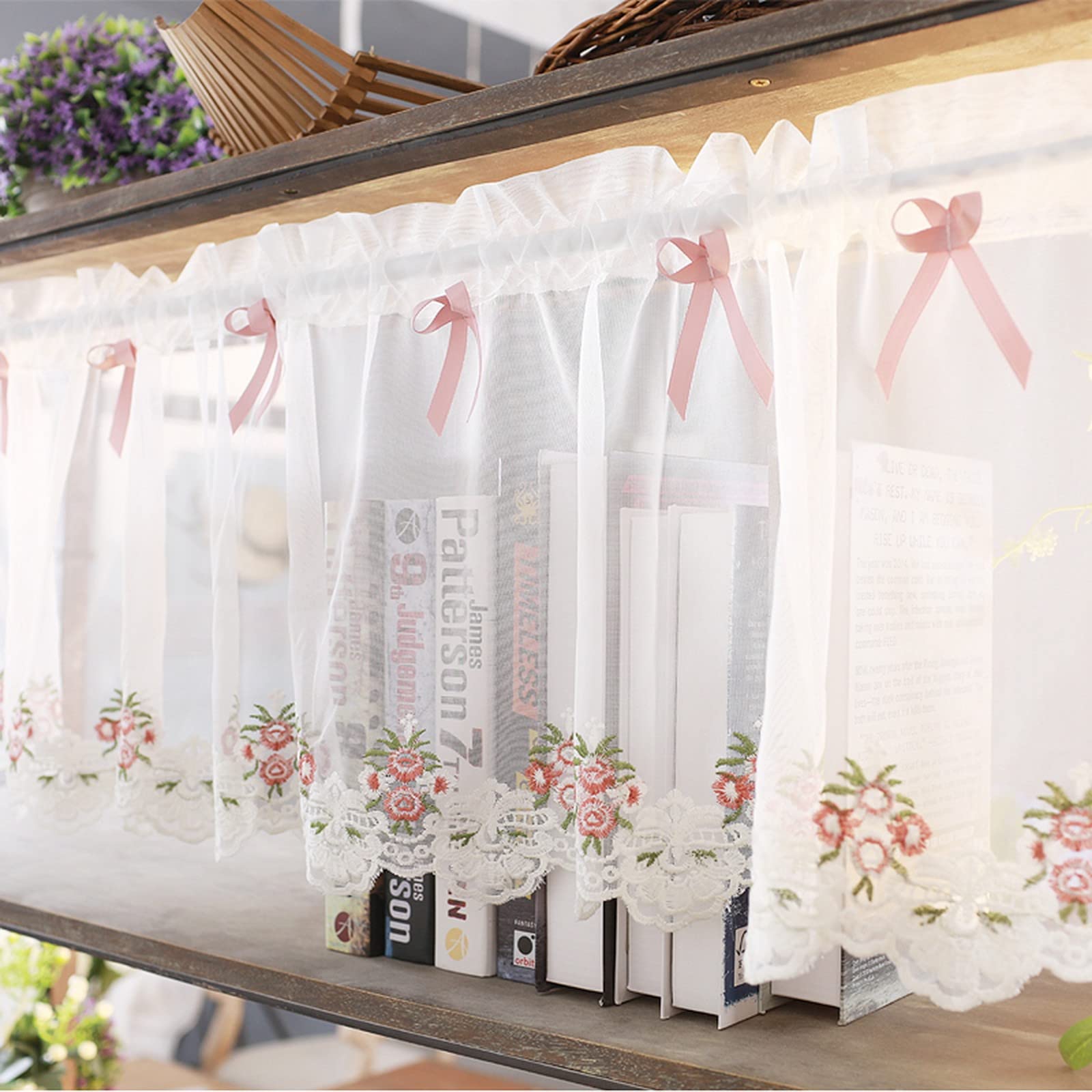 A.Monamour White Sheer Voile Tulle Curtain with Floral Embroidery - Short Half Window Panel for Small Windows, Kitchen, Café, Bedroom, Cabinet & Door - Lightweight Transparent Valance Drapes for Privacy & Decoration