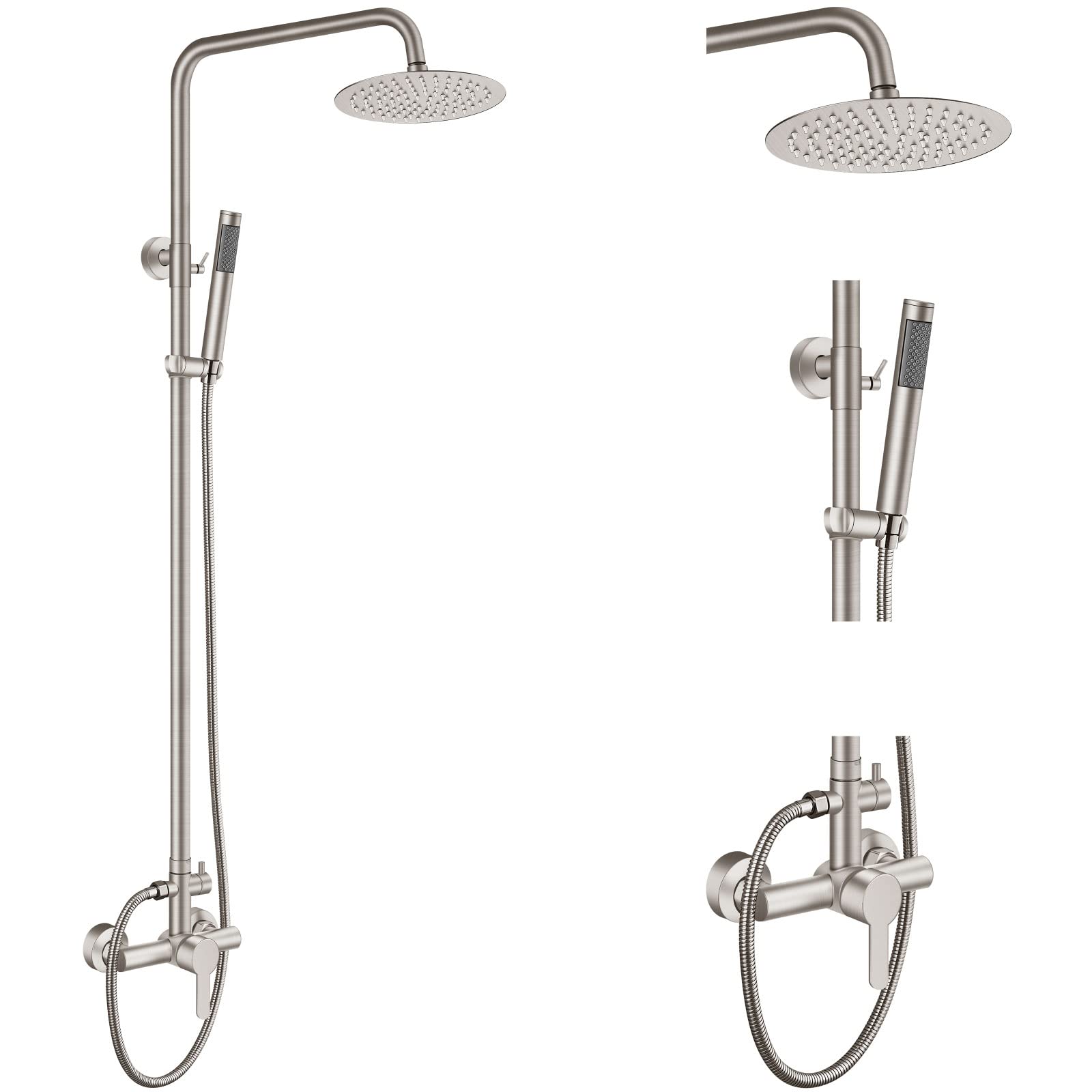 **Aolemi 8 Inch Stainless Steel Outdoor Shower Faucet Set - SUS304 Rainfall Shower Head & High Pressure Hand Spray - 2 Function Wall Mount Kit (Brushed Nickel) for Patio, Poolside & Garden Use**