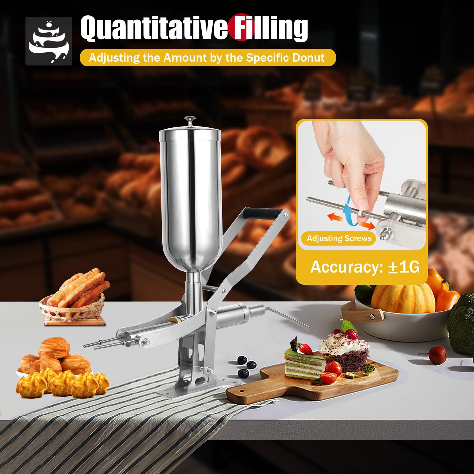 **Stainless Steel Manual Churro Filler Machine - 5L Donut Filling Injector with 4 Nozzles for Pastry, Bakery & Restaurant Use - Perfect for Churros, Eclairs & Cream Puffs**