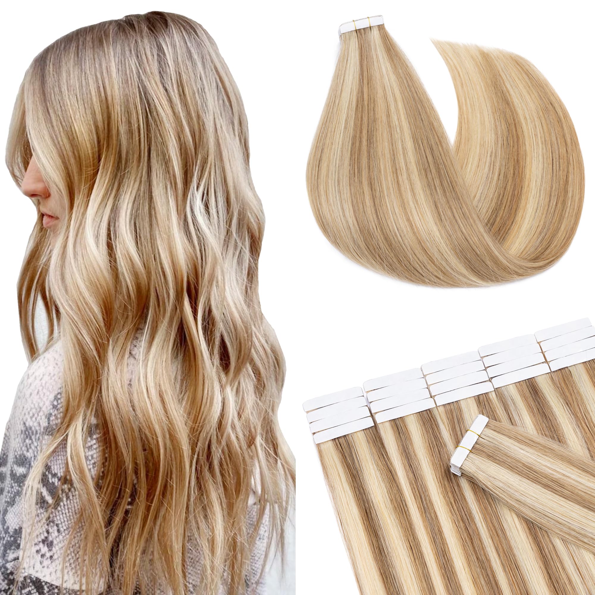 SEGO 20 Inch Tape in Human Hair Extensions 100g 40pcs Straight Balayage 100% Remy Rooted Seamless Skin Weft with Invisible Double Sided Tape for Women - Golden Brown & Bleach Blonde | Perfect for Daily Wear, Parties, Weddings & Special Occasions