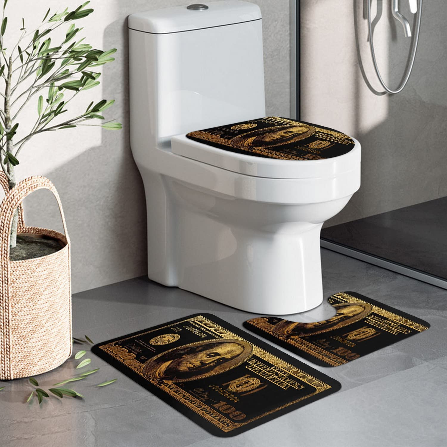 3-Piece Black & Gold $100 Bill Bathroom Rug Set - Non-Slip U-Shaped Contour Mat & Toilet Lid Cover - Washable Absorbent Money Design (19.7x31.5 Inches) for Bathroom Decor & Shower Floor Protection