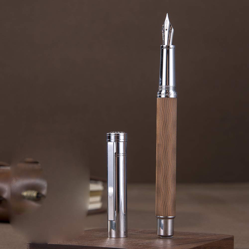 Hongdian 1843 Brown Fountain Pen - Extra Fine Nib, Solid Metal Body with Elegant Ripple Pattern | Includes Refillable Ink Converter & Premium Metal Pen Case | Perfect for Calligraphy, Journaling & Professional Writing