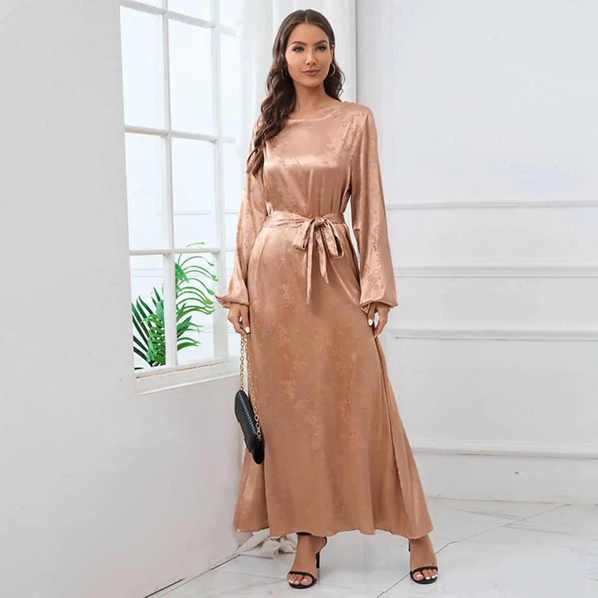 Elegant Jacquard Satin Abaya Dress for Women - Modest Islamic Prayer Dress for Eid, Ramadan & Special Occasions