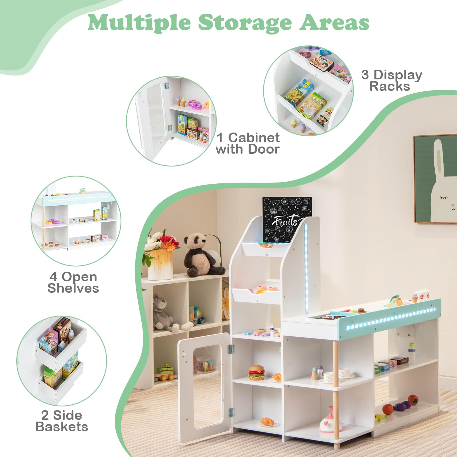 HONEY JOY Kids Wooden Grocery Store Playset with Cash Register & Working Conveyor Belt - Pretend Play Supermarket Toy with Checkout Counter, Lights & Food Accessories - Educational Role Play for Toddler Boys & Girls (White) - Perfect for Home, Classroom & Daycare Pretend Play Activities