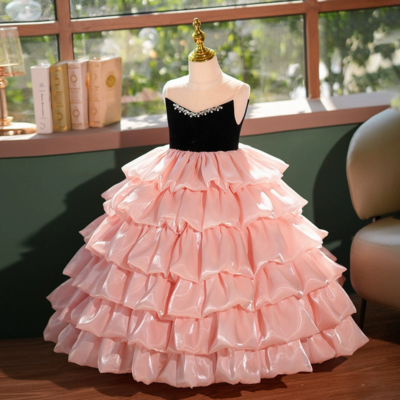 Elegant Pink & Black A-Line Princess Flower Girl Dress with Beaded Ruffles - Perfect for Weddings, Pageants & Special Occasions