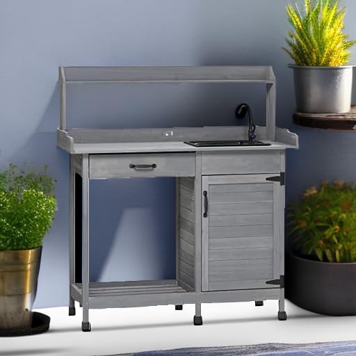 Outsunny Potting Bench with Sink & Storage | Heavy Duty Outdoor Work Table with Cabinet, Hooks, Removable Sink & Faucet | Perfect for Gardening, Greenhouse, Patio & Backyard Organizing | Gray