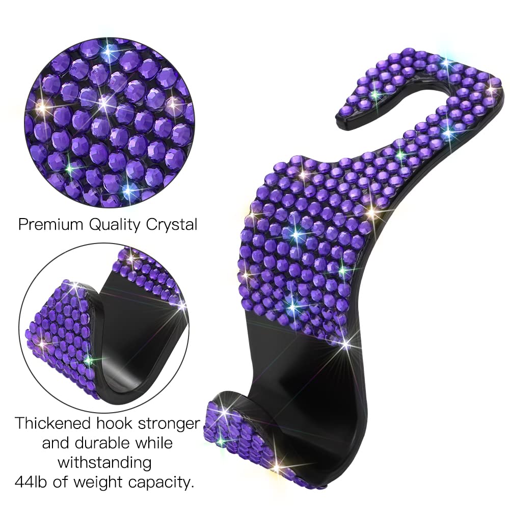 OTOSTAR 2 Pack Bling Diamond Car Headrest Hooks - Universal Vehicle Seat Hangers & Organizer | Handmade Auto Accessories for Purse, Bag & Shopping (Violet) - Perfect for Road Trips, Commuting & Daily Errands