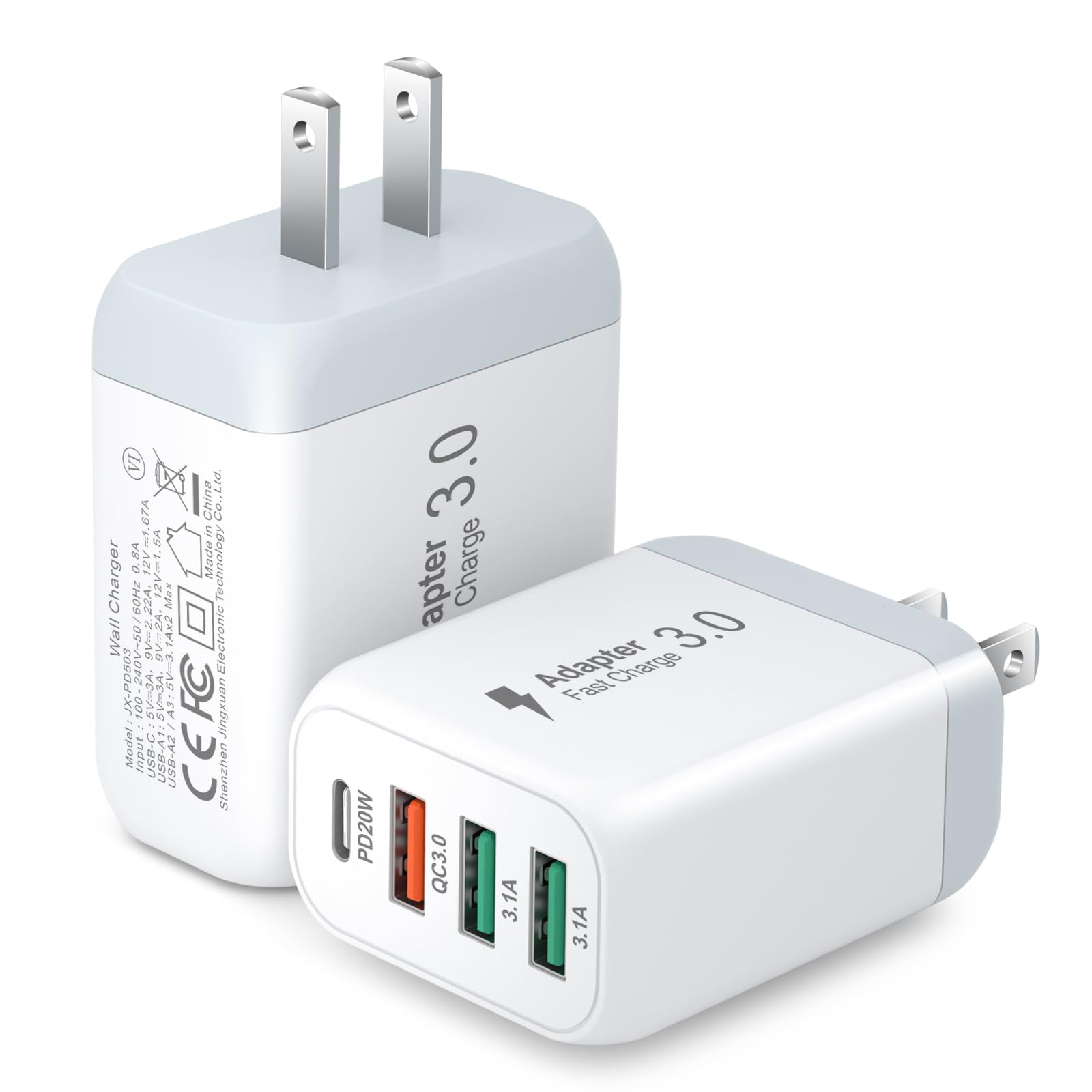 Bangfun 40W 4-Port USB C Fast Charger Block 2 Pack - Dual QC+PD 3.0 Wall Charger for iPhone 16/15/14/13/12/11 Pro Max, iPad, Samsung Galaxy & Google Pixel - Compact White Power Adapter for Home, Office & Travel