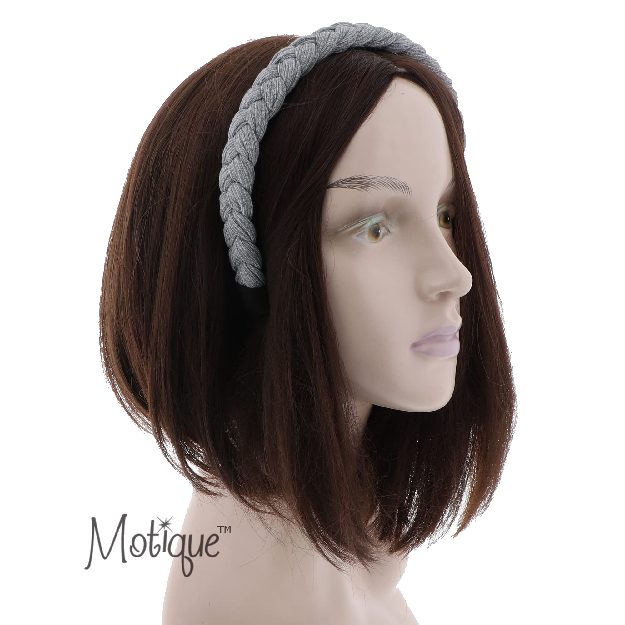 Motique 1/2 Inch Plait Braided Hard Headband - Light Grey Knit Hair Accessory for Women | Perfect for Workouts, Yoga & Everyday Style