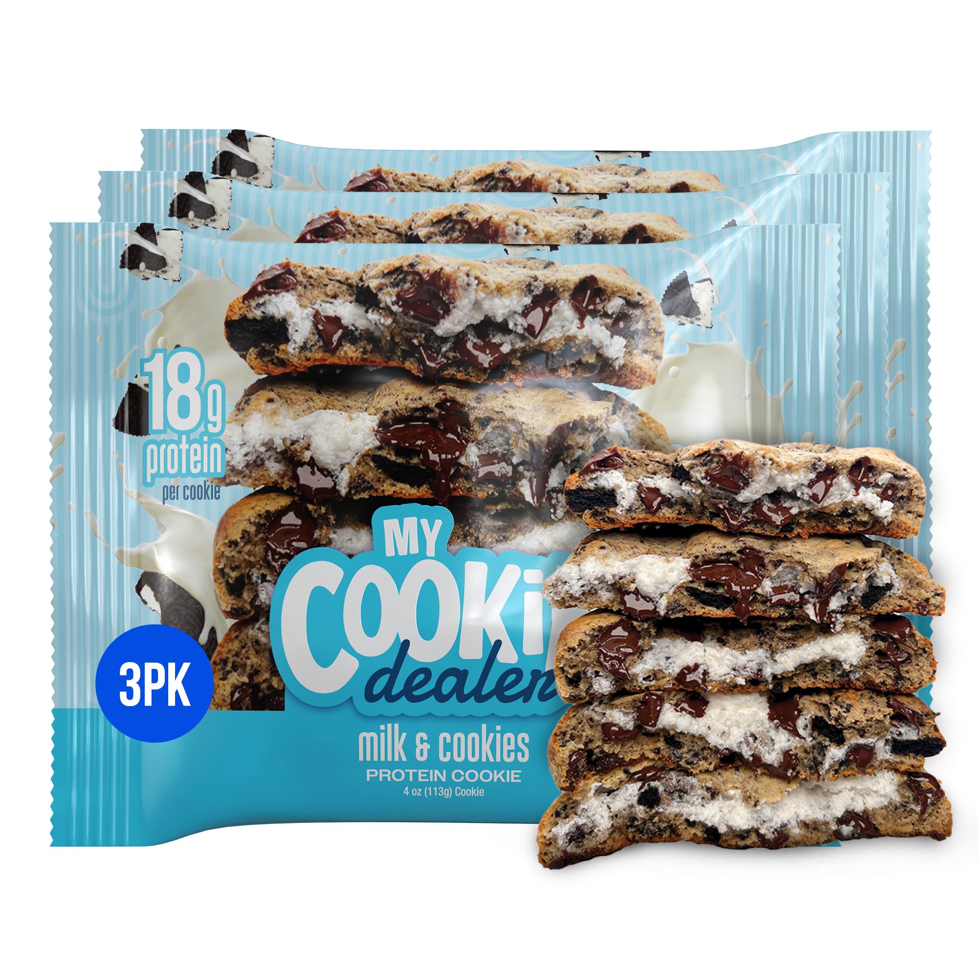 My Cookie Dealer High Protein Cookies, Milk and Cookies Flavor (3-Pack, 4oz Each) - 18g Protein per Cookie with RAW Nutrition Whey - Individually Wrapped for Gym, Hiking & Travel Snacks