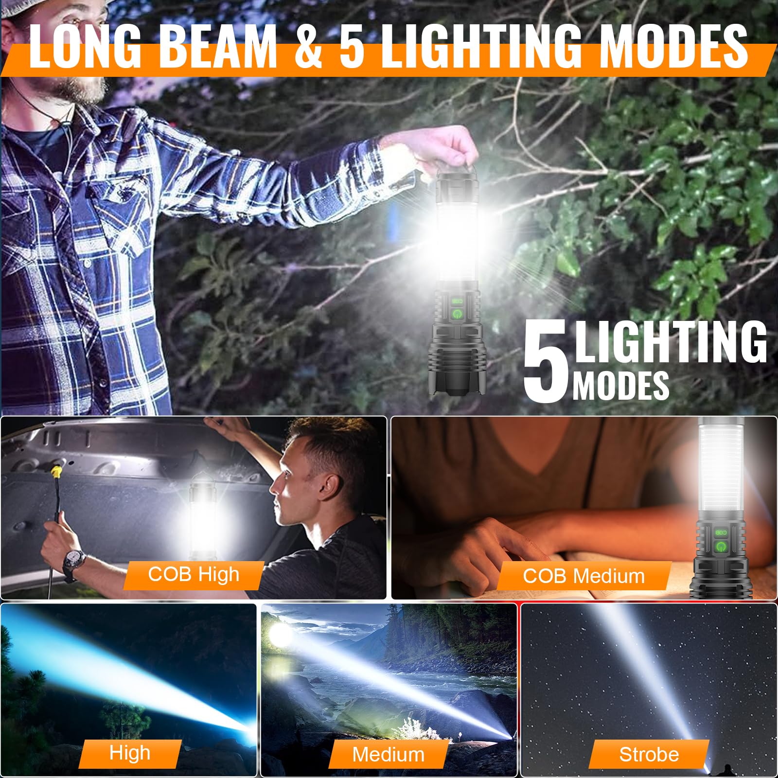 Super Bright LED Flashlight 100000 Lumens - Waterproof Zoomable for Camping & Hiking