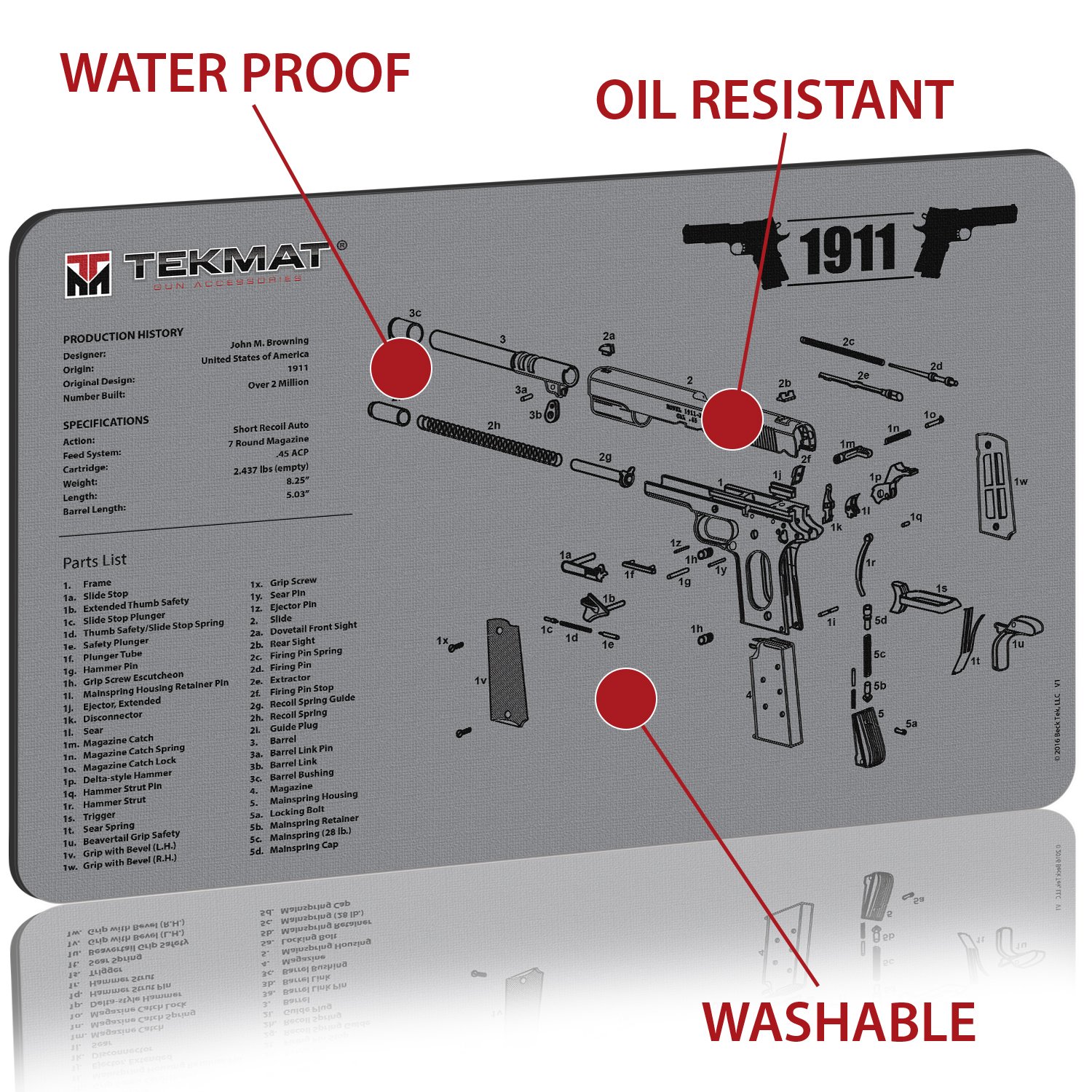 TekMat Gun Cleaning Mat for 1911 Pistols - Non-Slip Work Surface for Firearm Maintenance & Gun Accessories Organization | Perfect for Shooting Range, Home Gunsmithing & Tactical Gear Storage