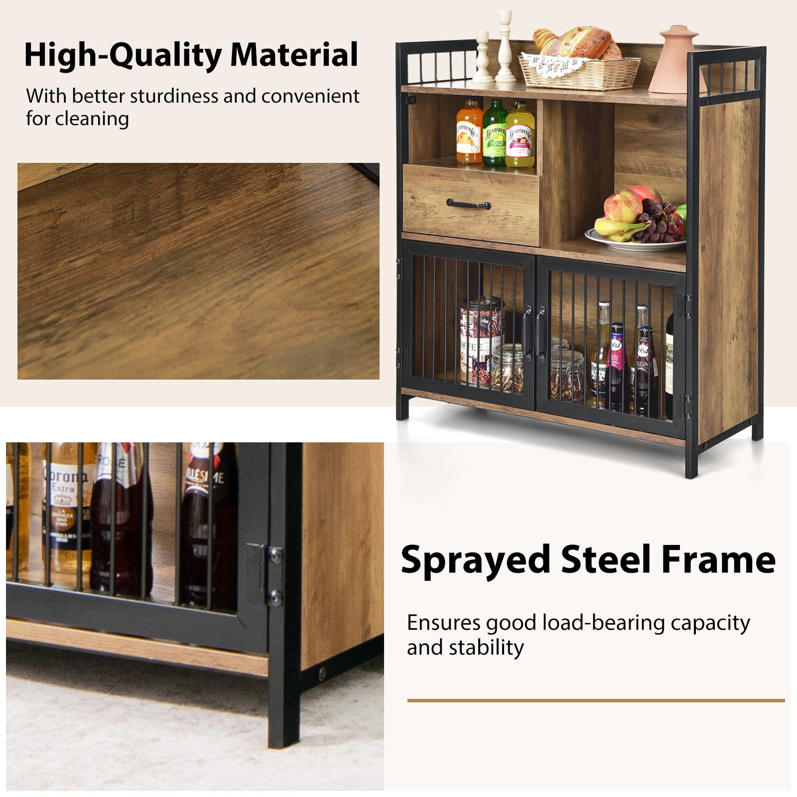 Giantex Buffet Cabinet with Storage - 2 Door Kitchen Sideboard with Drawer & Wood Shelves, Metal Frame Industrial Cupboard for Utensil & Tableware Organization - Perfect for Dining Room, Kitchen Storage & Home Decor
