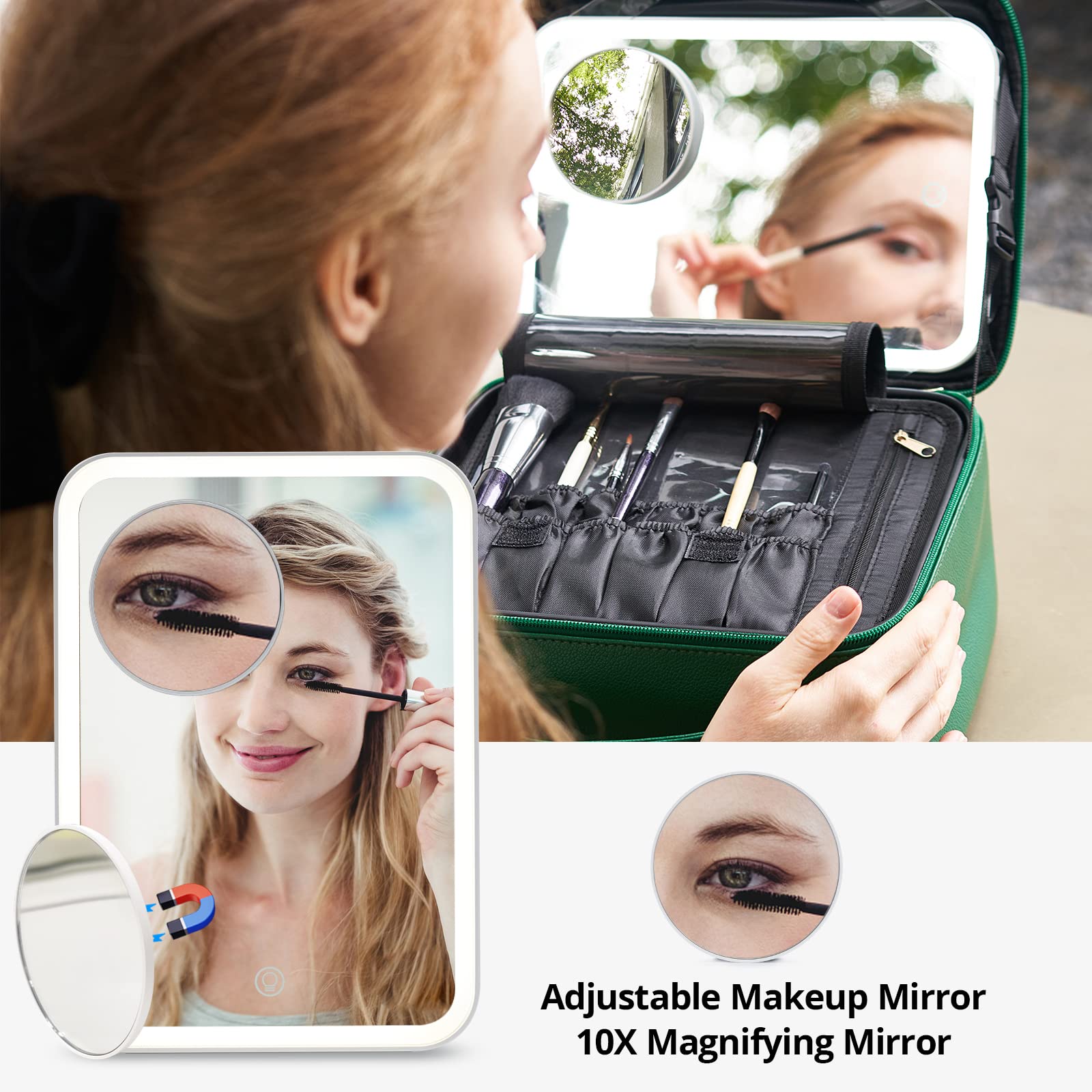 Omobolanle LED Lighted Makeup Train Case with Detachable Mirror & Adjustable Dividers - 10X Magnifying Mirror, Portable Cosmetic Organizer for Travel, Home & Professional Makeup Artists | Green
