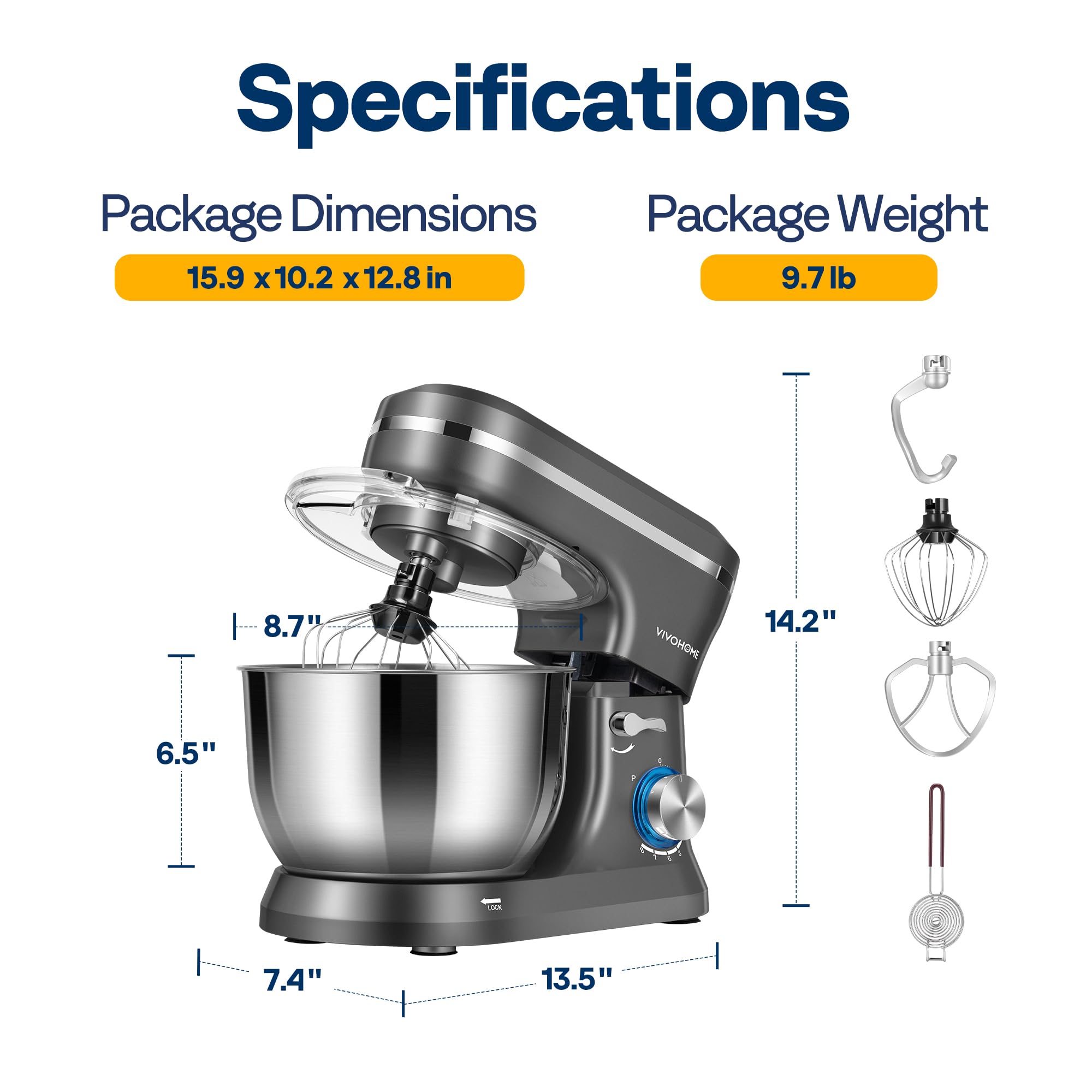 VIVOHOME 4.75 Quart Stand Mixer - 8 Speed Electric Kitchen Mixer for Baking, Cake, Bread & Dough - Includes Beater, Dough Hook, Wire Whip & Egg Separator - Gray | Perfect for Home Bakers & Professional Chefs