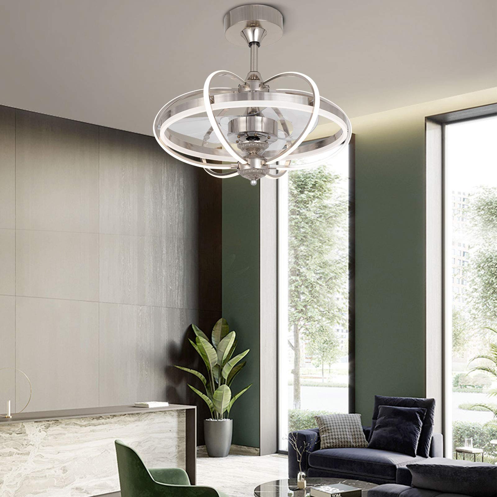 23-Inch Nickel Invisible Bladeless Ceiling Fan with Light & Remote - 3 Speed Settings, 3 Lighting Colors & Smart Timer - Downrod Mounted Enclosed Design - Perfect for Bedroom, Living Room, Office & Indoor Spaces