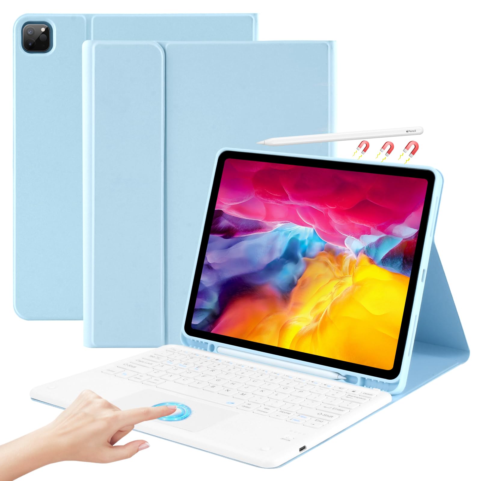 COO Detachable Wireless Bluetooth Keyboard Case with Trackpad for iPad Pro 12.9 inch 6th/5th/4th/3rd Gen (2022-2018) - Slim Folio Stand Cover with Backlit Keys (Blue) | Perfect for Work, Travel & Home Office Use