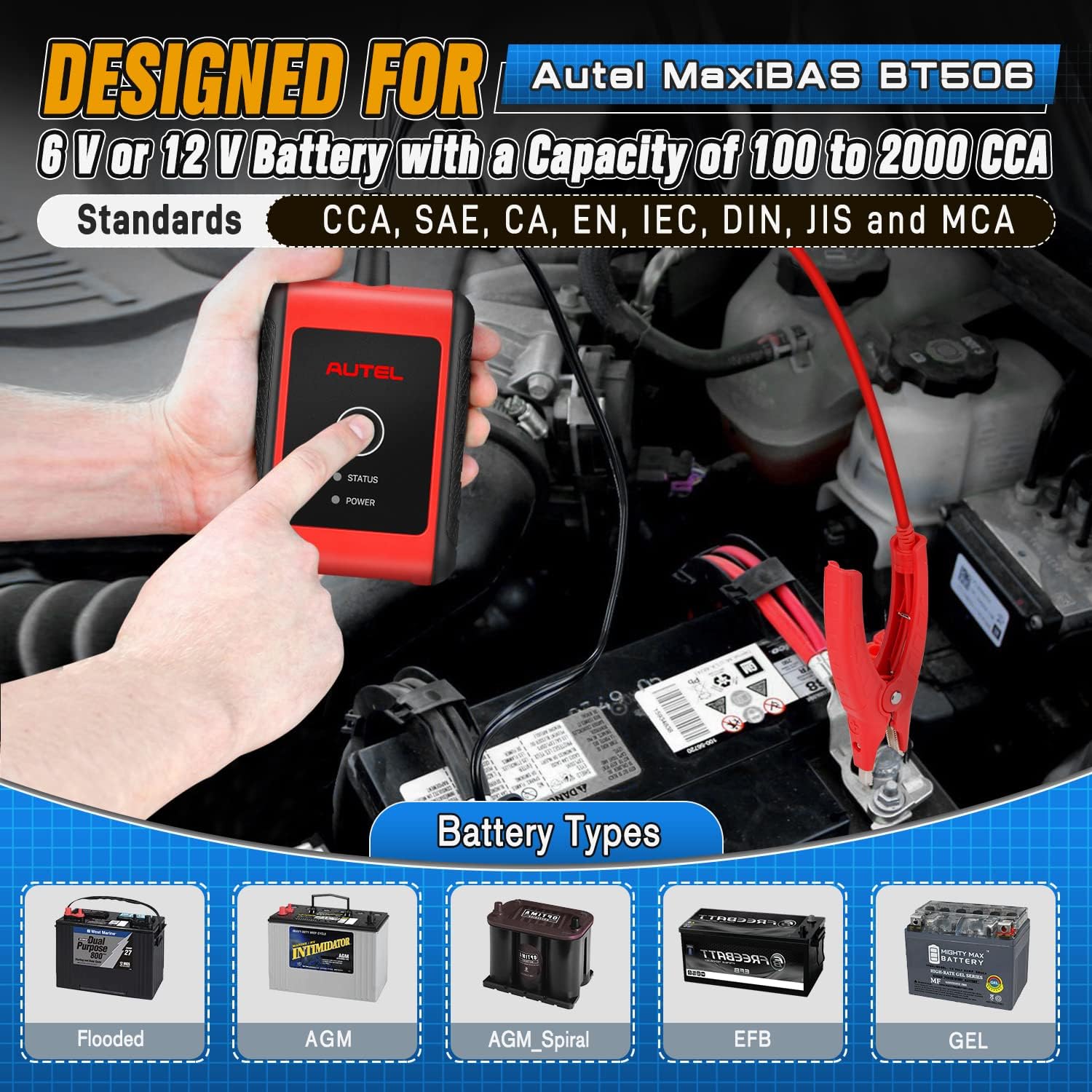 Autel MaxiBAS BT506 6V/12V/24V Battery & Alternator Tester - 100-2000 CCA Load Test, Adaptive Conductance Technology for Higher Accuracy | Automotive Charging System Diagnostic Tool for Cars, Trucks, SUVs | Perfect for Mechanics & DIY Car Maintenance