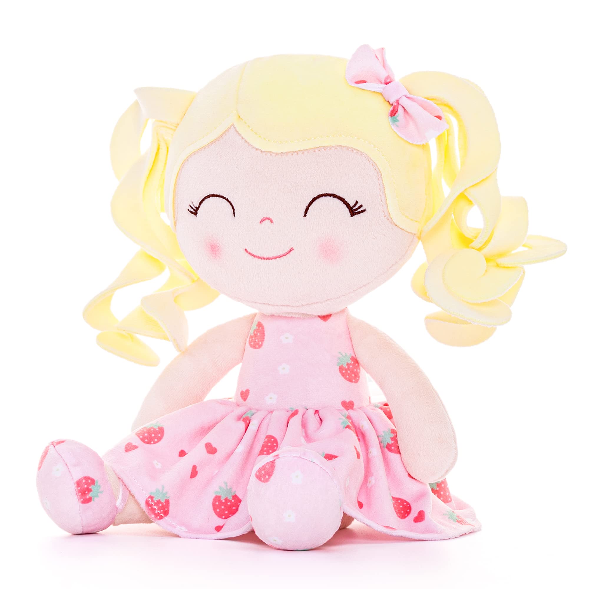 Gloveleya 12-inch Soft Snuggly Baby Doll for Girls - Strawberry Printed Dress Fruit Series | First Baby Girl Gift, Cuddly Toy for Playtime, Nursery Decor & Birthday Presents