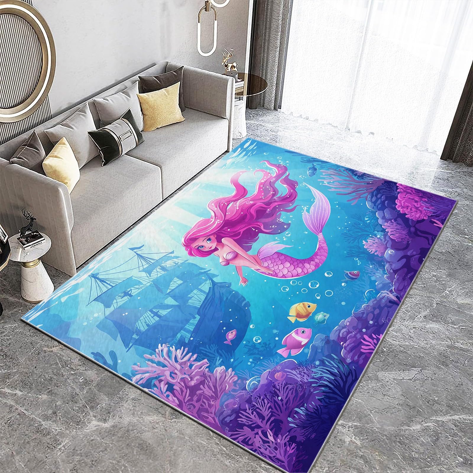 5x7 ft Cartoon Fish Coral & Shipwreck Non-Slip Area Rug - Soft Washable Indoor Living Room Carpet for Bedroom, Dining Room, Playroom & Nursery - Perfect for Coastal Themed Home Decor & Kids Room Floor Mat
