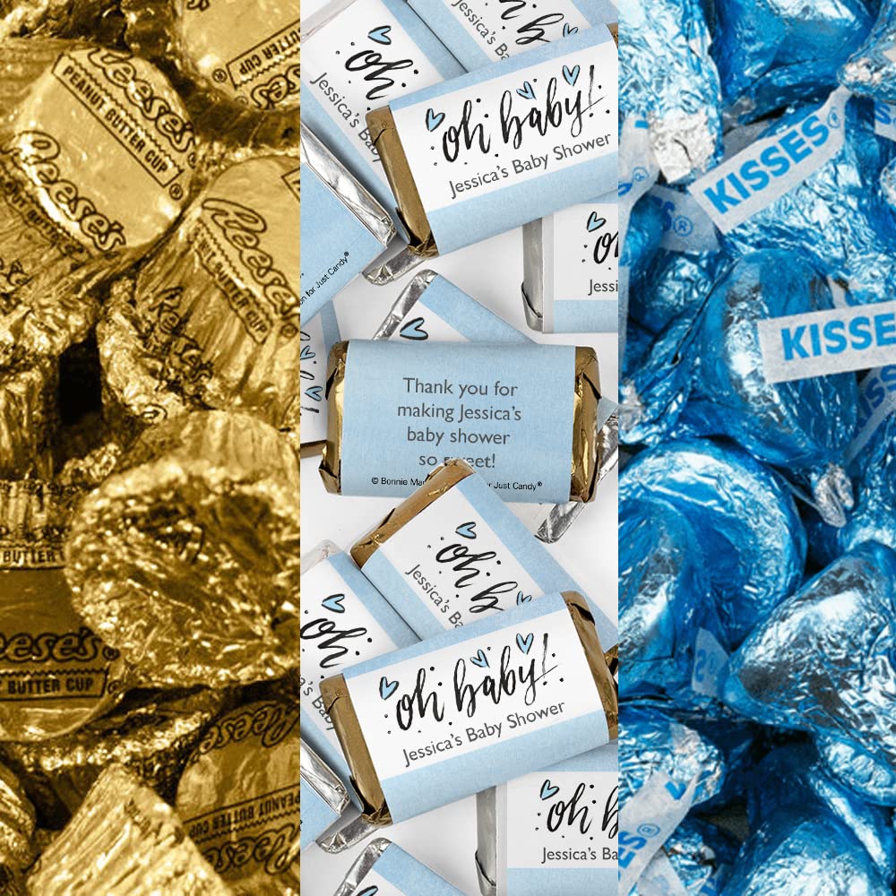200pcs Personalized Blue Baby Shower Candy Kit - Custom Miniatures, Hershey's Kisses & Reese's Peanut Butter Cups - Party Favors for Guests & Candy Buffet Supplies - Perfect for Baby Showers, Gender Reveals & Newborn Celebrations