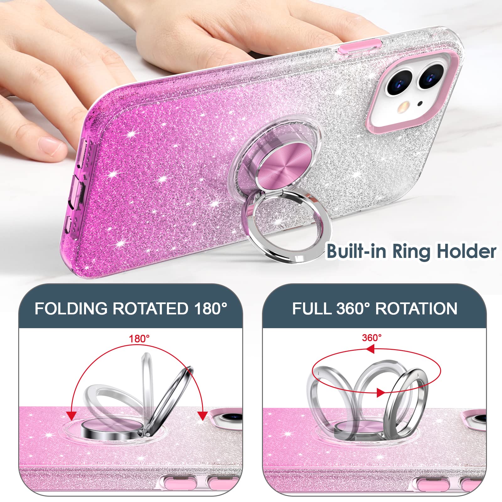 Hython iPhone 12 Case with Magnetic Ring Stand - Pink Sparkle for Protection & Hands-Free Use