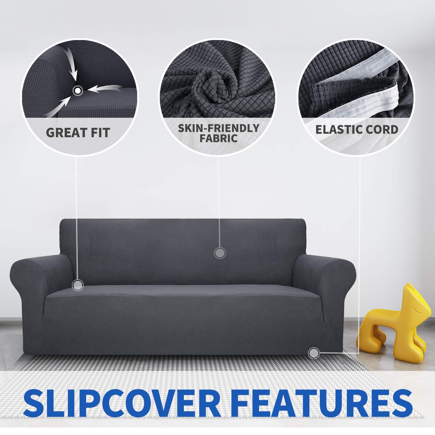 MAXIJIN 1-Piece Sofa Cover & 1-Piece Loveseat Cover - Dark Gray Stretchable Furniture Protector for Living Room, Bedroom, or Office - Spill & Pet Hair Resistant