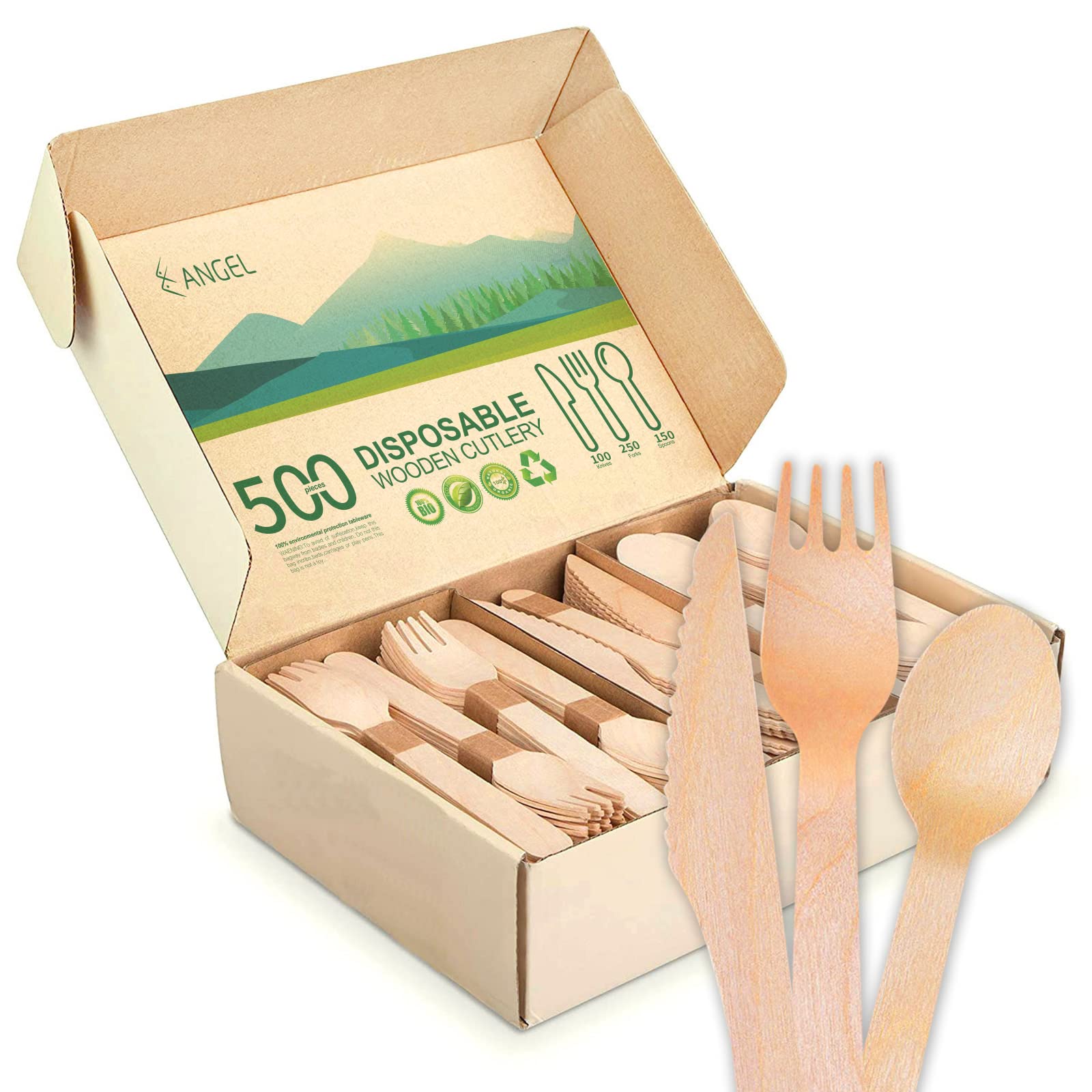 Eco-Friendly Disposable Wooden Cutlery Set - 500 Pieces (250 Forks, 150 Spoons, 100 Knives) | Biodegradable Wooden Utensils for Parties, Picnics, Camping & Events