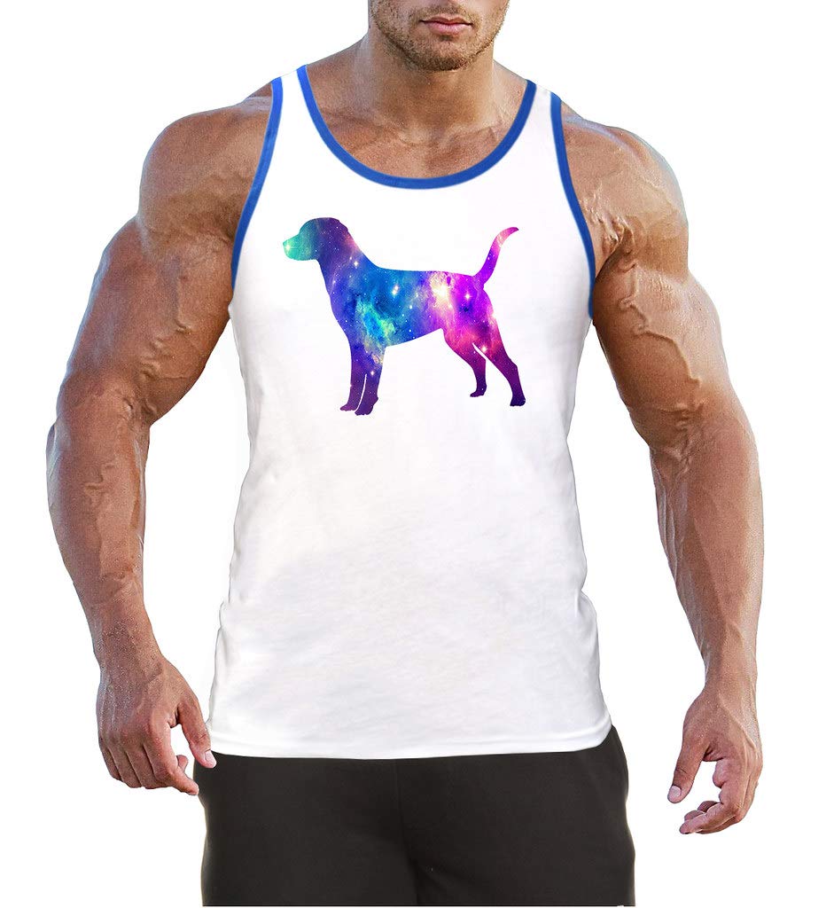 Men's Galaxy Dog Print White Tank Top with Blue Trim - Casual Summer Wear for Outdoor Activities and Street Fashion