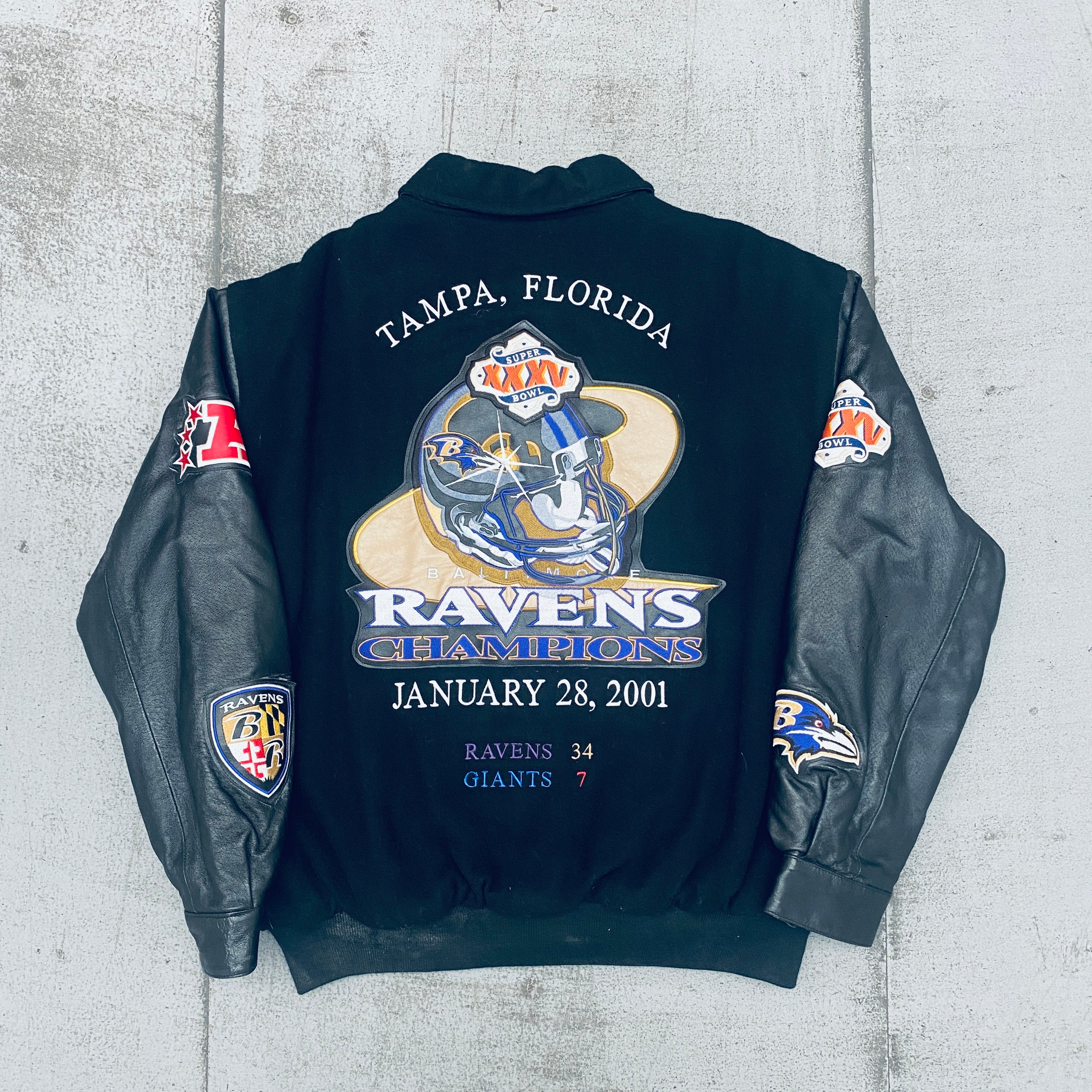 Baltimore Ravens 2001 Super Bowl XXXV Champions Wool Varsity Jacket with Leather Sleeves - Men's M/L Size - Perfect for Game Day, Sports Events & NFL Fan Collection