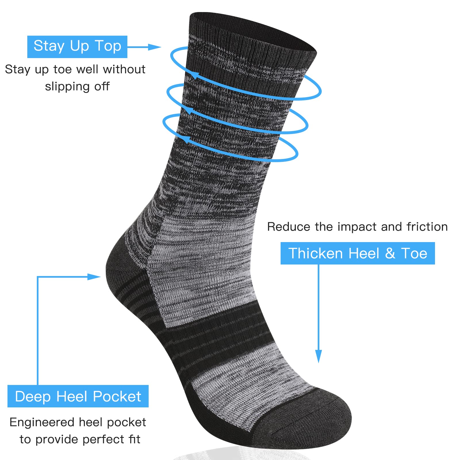 COOVAN Men's Hiking Socks 5-Pack - Moisture Wicking Cushioned Athletic Boot Socks for Outdoor Activities & Trekking - Perfect for Hiking, Camping and Sports