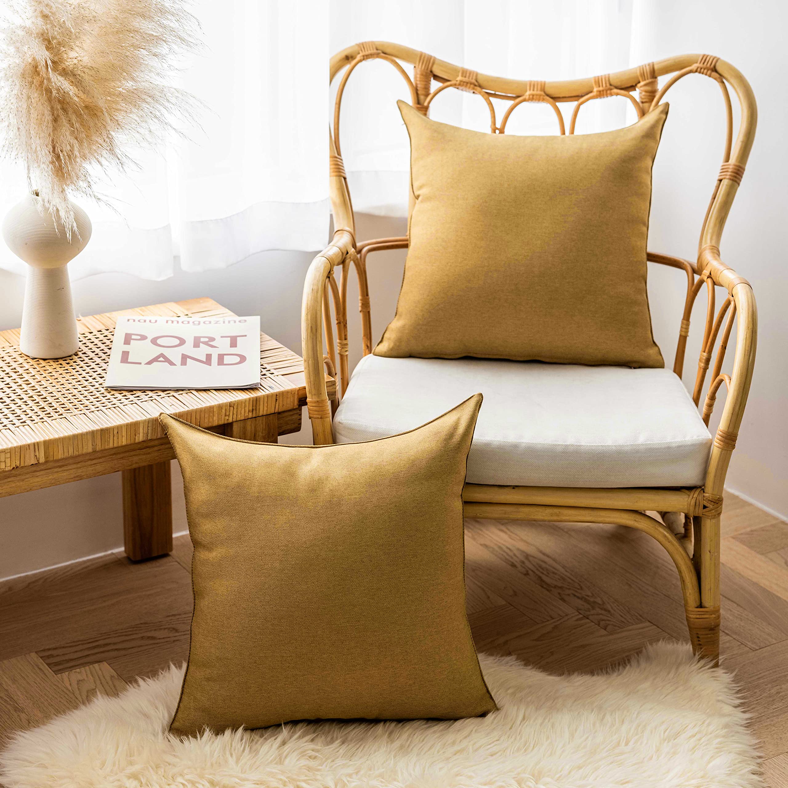 16x16 Outdoor Pillow Covers Set of 4 - Sunbrella Burlap Yellow Mustard Throw Pillow Covers for Patio, Garden & Porch - Weather-Resistant Decorative Cushion Covers for Outdoor Furniture
