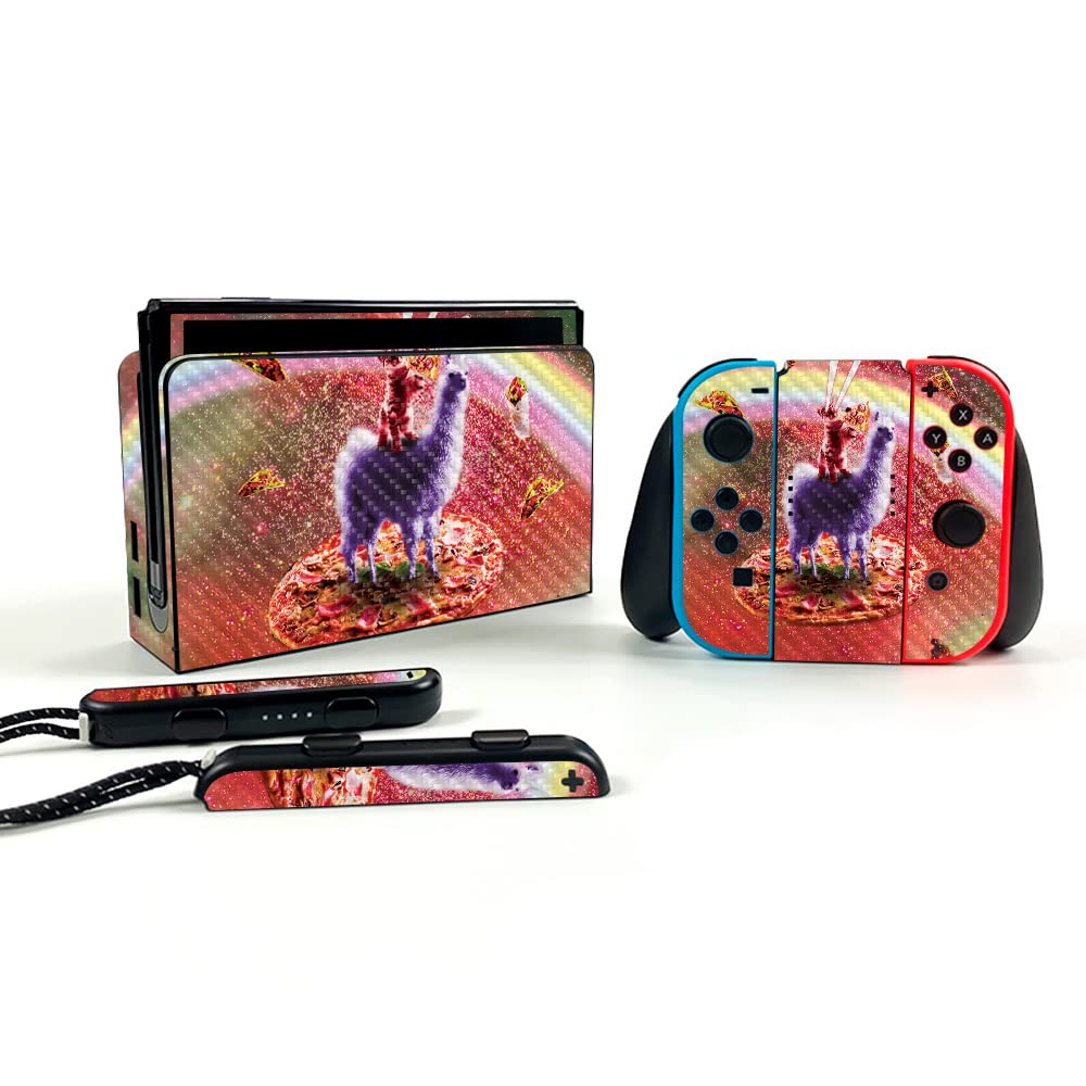 Premium Carbon Fiber Skin for Nintendo Switch OLED - Cat Llama Pizza Design | Protective & Durable Textured Cover | Easy Application | USA Made | Perfect for Gaming Protection & Personalization