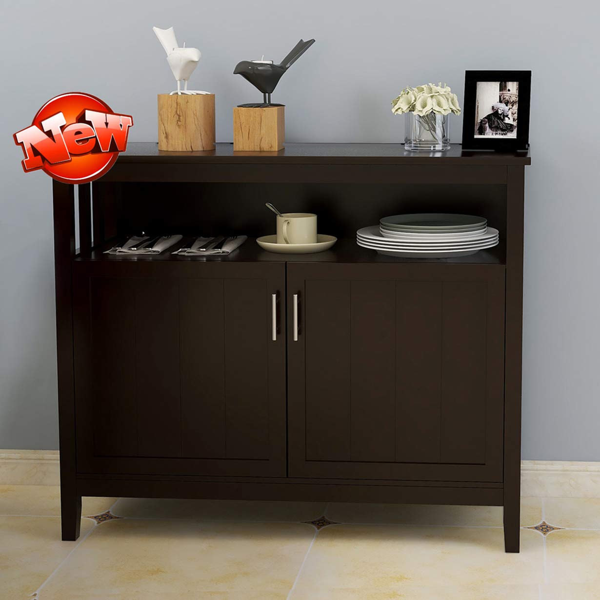 DOONHEXS Upgraded Sturdy Wooden Kitchen Buffet Cabinet with 2 Doors & Open Shelves - Entryway, Living Room & Dining Room Storage Solution - Brown (Perfect for Home Organization & Entertaining)