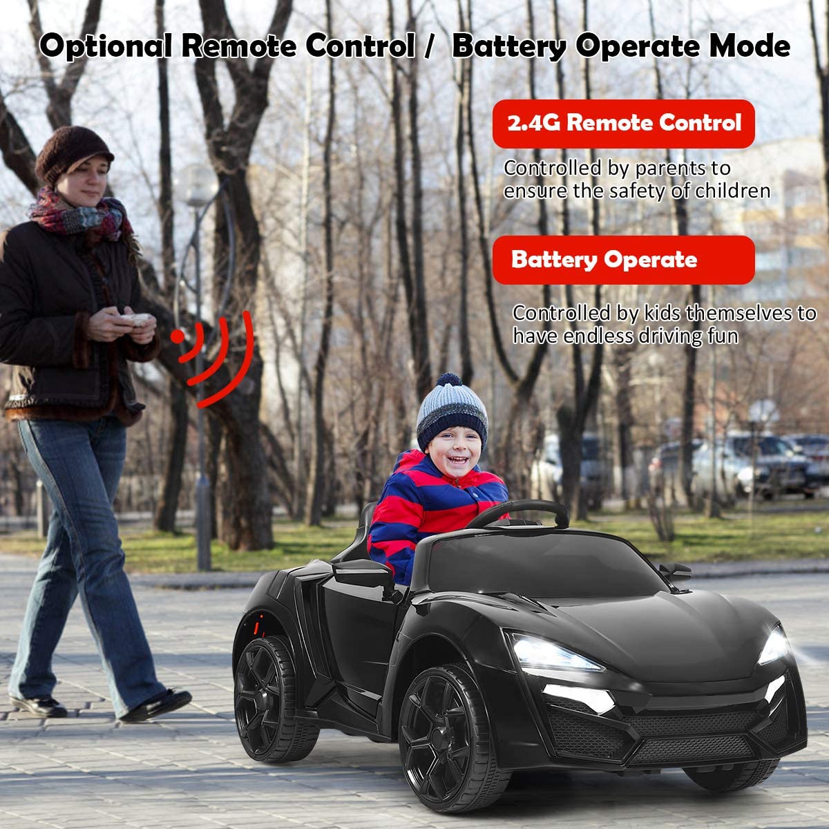 OLAKIDS 12V Battery Powered Kids Ride on Car with Parental Remote Control - Electric Toy Vehicle for Toddlers with Spring Suspension, 4 Wheels, Music, Horn, LED Lights, 3 Speed Settings, USB & TF Port (Black) - Perfect for Indoor & Outdoor Play, Birthday Gifts, and Family Fun Activities