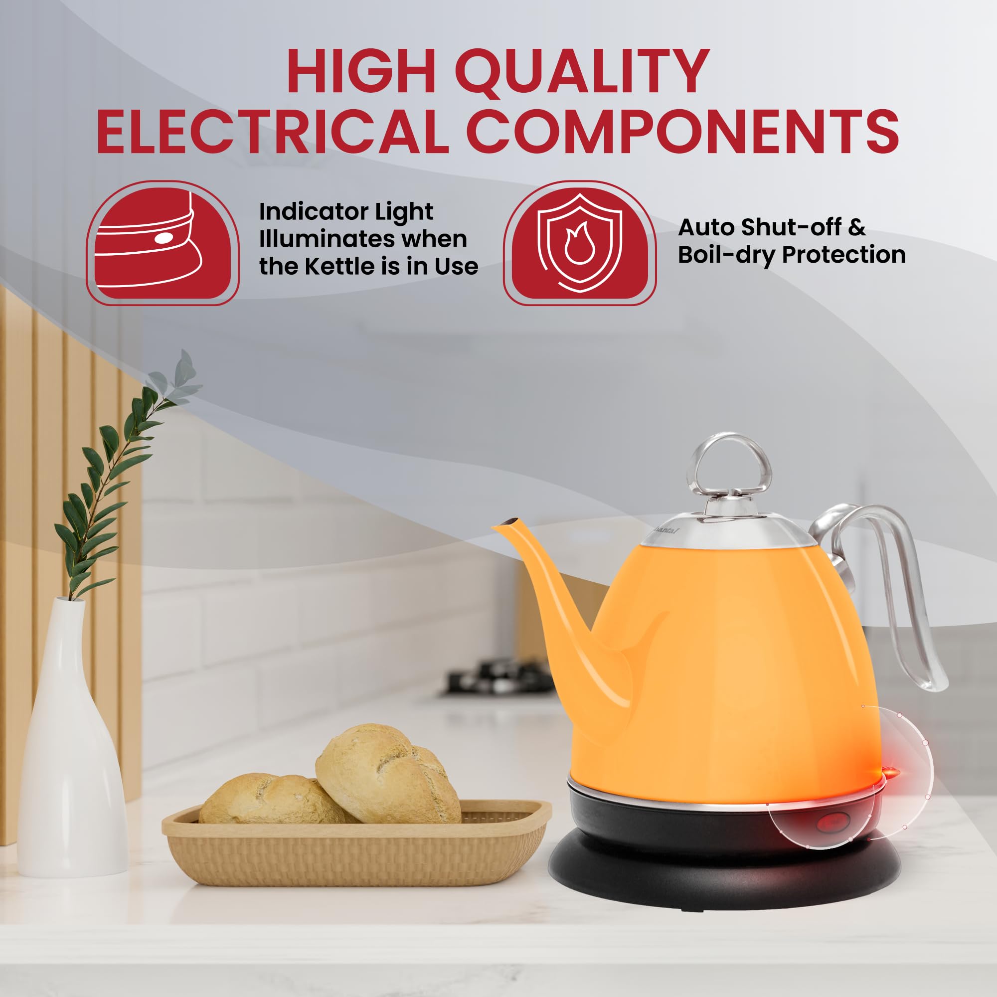 Chantal Mia Electric Kettle - 32 oz Stainless Steel Water Boiler with Auto Shut-Off - Fast Heating & Quiet Operation - Perfect for Tea, Coffee & Office Use (Marigold)