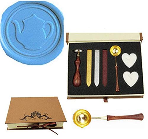 Vintage Wood Handle Wax Seal Stamp Kit with Melting Spoon & Wax Sticks - Perfect for Wedding Invitations, Holiday Cards, Christmas Gift Wrapping, Book Box Decor and Candle Embellishments - Elegant Sealing Wax Set for Special Occasions